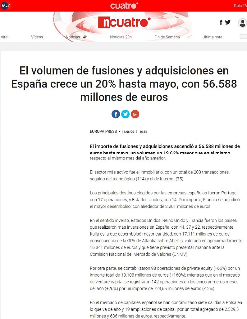 El volumen de fusiones y adquisiciones en Espaa crece un 20% hasta mayo, con 56.588 millones de euros